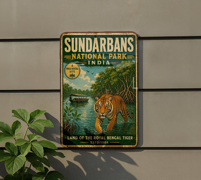 A vintage-style metal sign for Sundarbans National Park in India, featuring a tiger walking through a mangrove forest.
