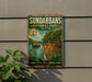 A vintage-style metal sign for Sundarbans National Park in India, featuring a tiger walking through a mangrove forest.