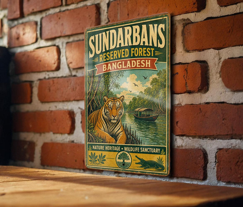 A vintage-style metal sign advertising the Sundarbans, a nature reserve in Bangladesh, featuring a tiger and a boat on a river.