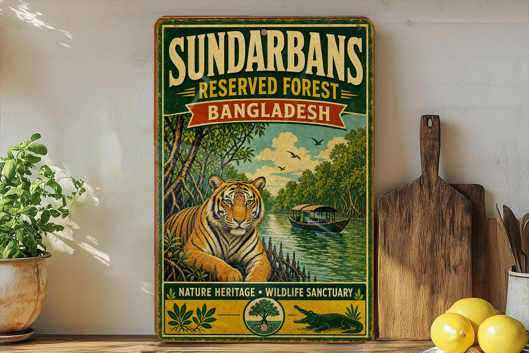 A vintage-style poster advertising the Sundarbans, a nature reserve in Bangladesh, featuring a tiger and a boat on a river surrounded by lush greenery.