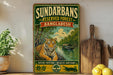 A vintage-style poster advertising the Sundarbans, a nature reserve in Bangladesh, featuring a tiger and a boat on a river surrounded by lush greenery.