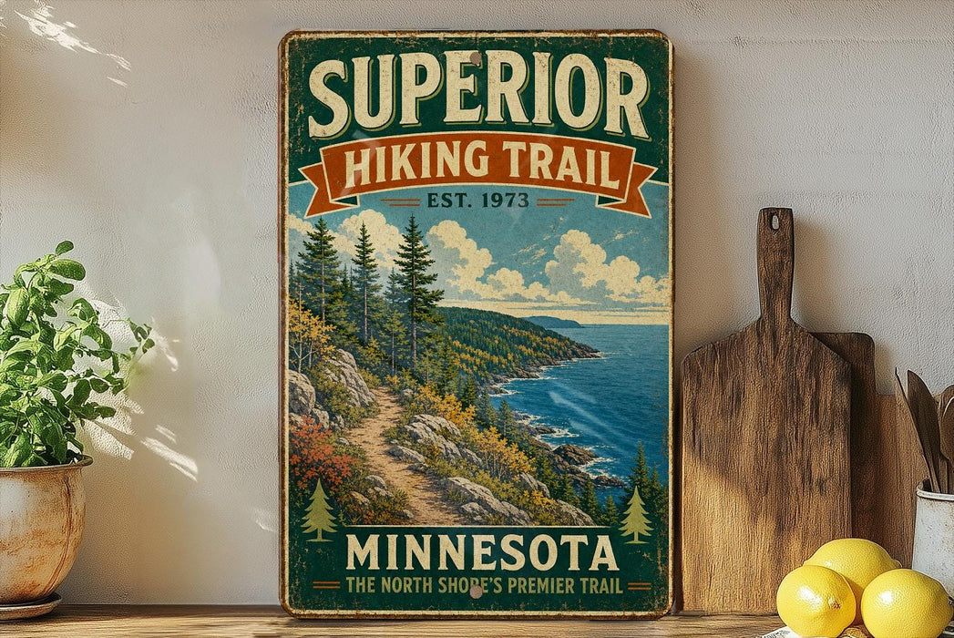 A vintage-style sign for the Superior Hiking Trail in Minnesota, featuring a scenic mountain landscape with pine trees and a winding trail.