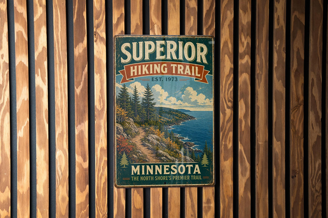 A vintage-style metal sign for the Superior Hiking Trail in Minnesota, featuring a scenic mountain landscape with pine trees and a winding trail.