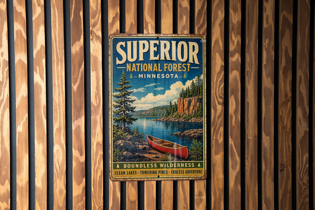 A vintage metal sign for Superior National Forest in Minnesota, featuring a scenic image of a canoe on a lake surrounded by pine trees and mountains.