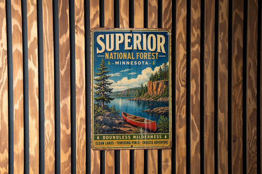 A vintage metal sign for Superior National Forest in Minnesota, featuring a scenic image of a canoe on a lake surrounded by pine trees and mountains.