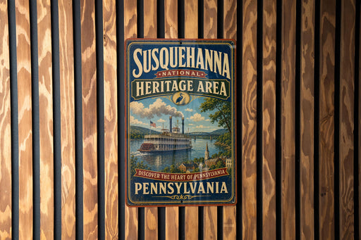 A vintage-style metal sign for Susquehanna National Heritage Area, featuring a steamboat on a river and a scenic landscape.