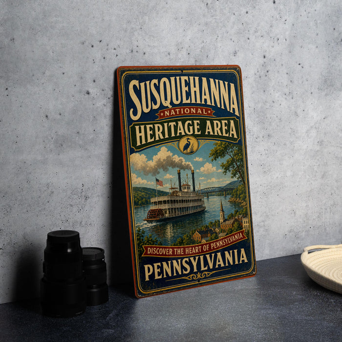 A vintage-style sign for Susquehanna National Heritage Area, featuring a steamboat and a scenic landscape, is displayed on a gray countertop next to some black camera lenses.