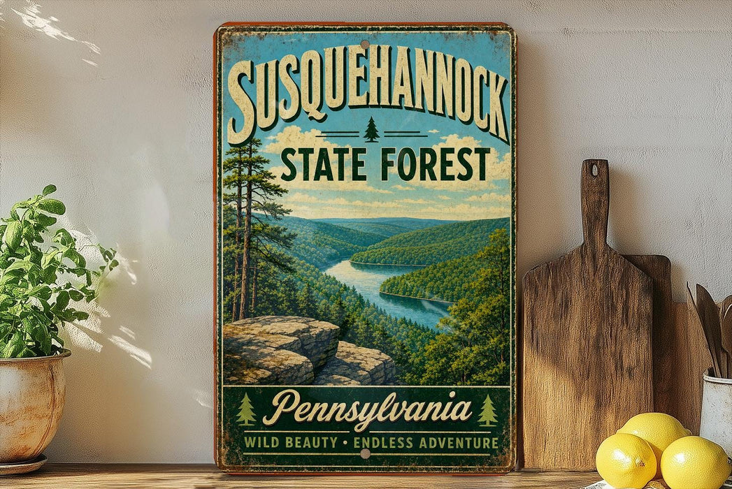 A vintage-style sign for Susquehannock State Forest in Pennsylvania, featuring a scenic landscape with a river and mountains.