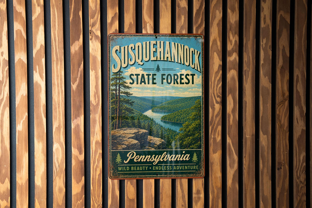 A vintage metal sign for Susquehannock State Forest in Pennsylvania, featuring a scenic landscape with a river and mountains.