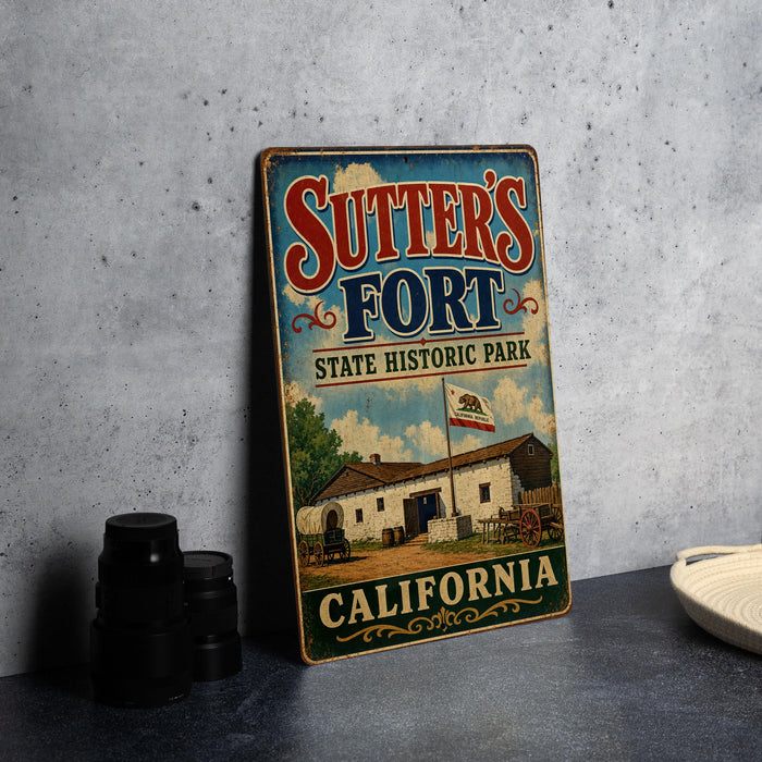A vintage-style sign for Sutter's Fort State Historic Park in California, featuring an illustration of a historical building and a California state flag.