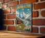 A vintage metal sign with a mountain landscape and a red train, mounted on a brick wall.