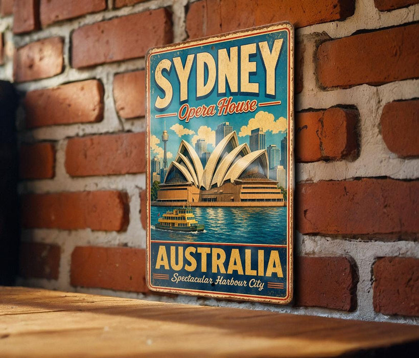 A vintage-style metal sign with the text "SYDNEY Opera House" and "AUSTRALIA Spectacular Harbour City" is displayed on a brick wall.
