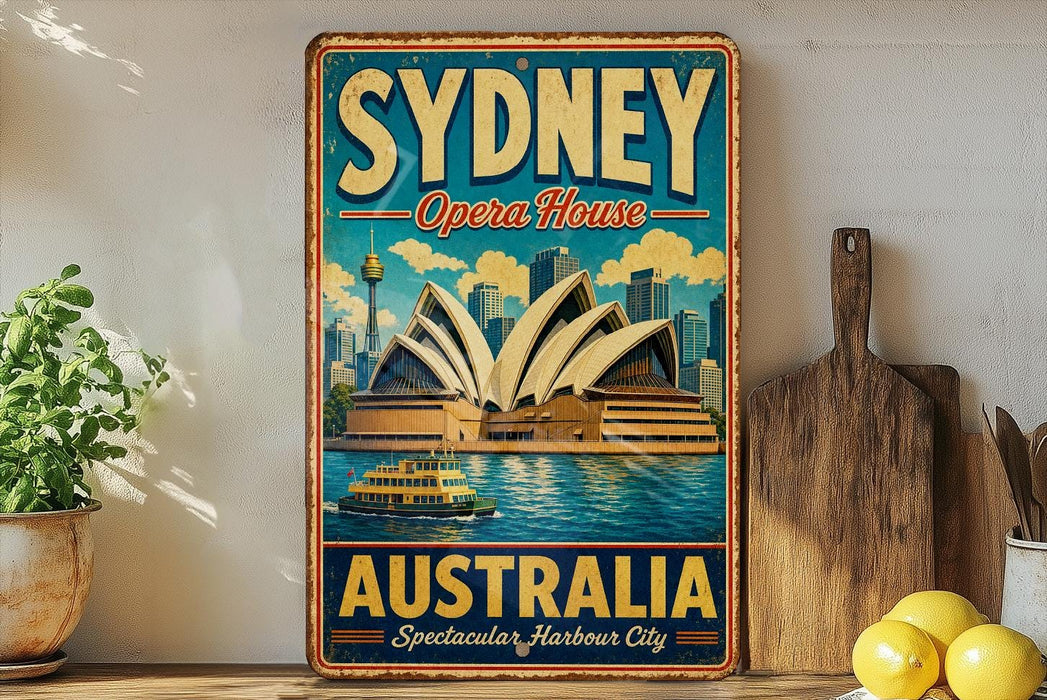 A vintage-style metal sign displaying the Sydney Opera House and Australia, with a wooden paddle and lemons in the foreground.