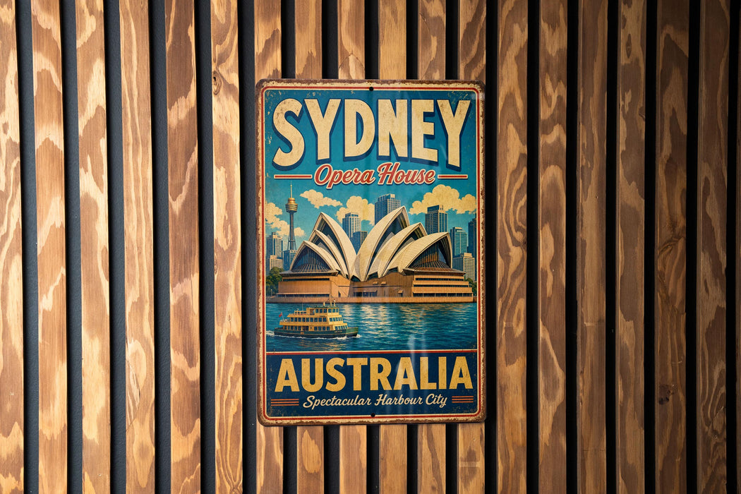 A vintage metal sign with the text "SYDNEY Opera House" and "AUSTRALIA Spectacular Harbour City" is displayed on a wooden wall.