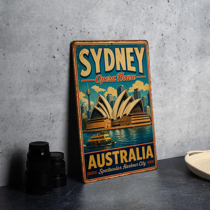 A vintage-style metal sign with the text "SYDNEY Opera House" and "AUSTRALIA Spectacular Harbour City" is displayed on a gray concrete surface.