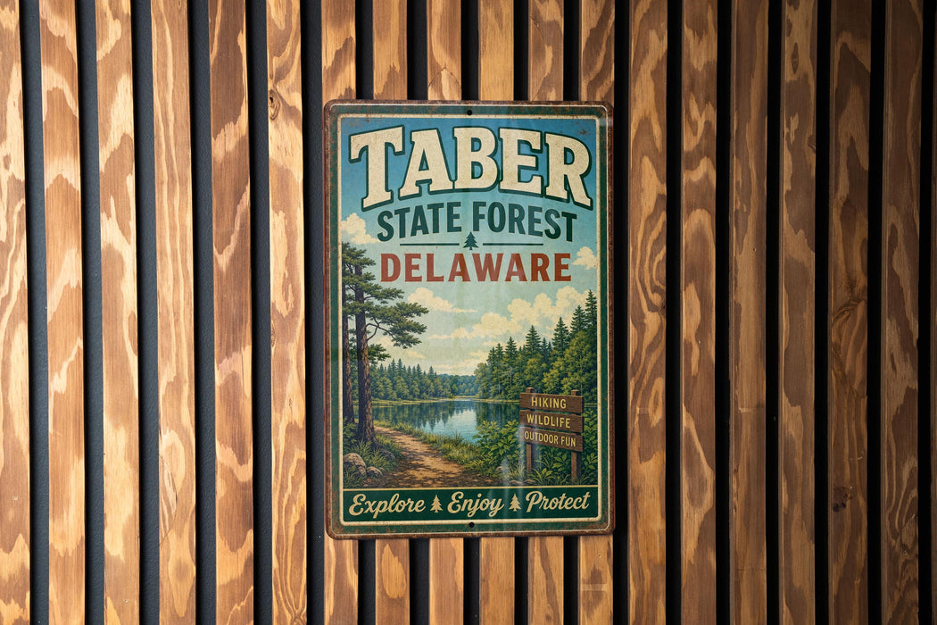 A vintage metal sign for Taber State Forest in Delaware, featuring a scenic image of a forest and a lake.