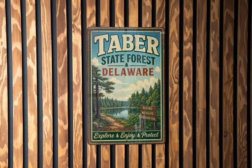 A vintage metal sign for Taber State Forest in Delaware, featuring a scenic image of a forest and a lake.