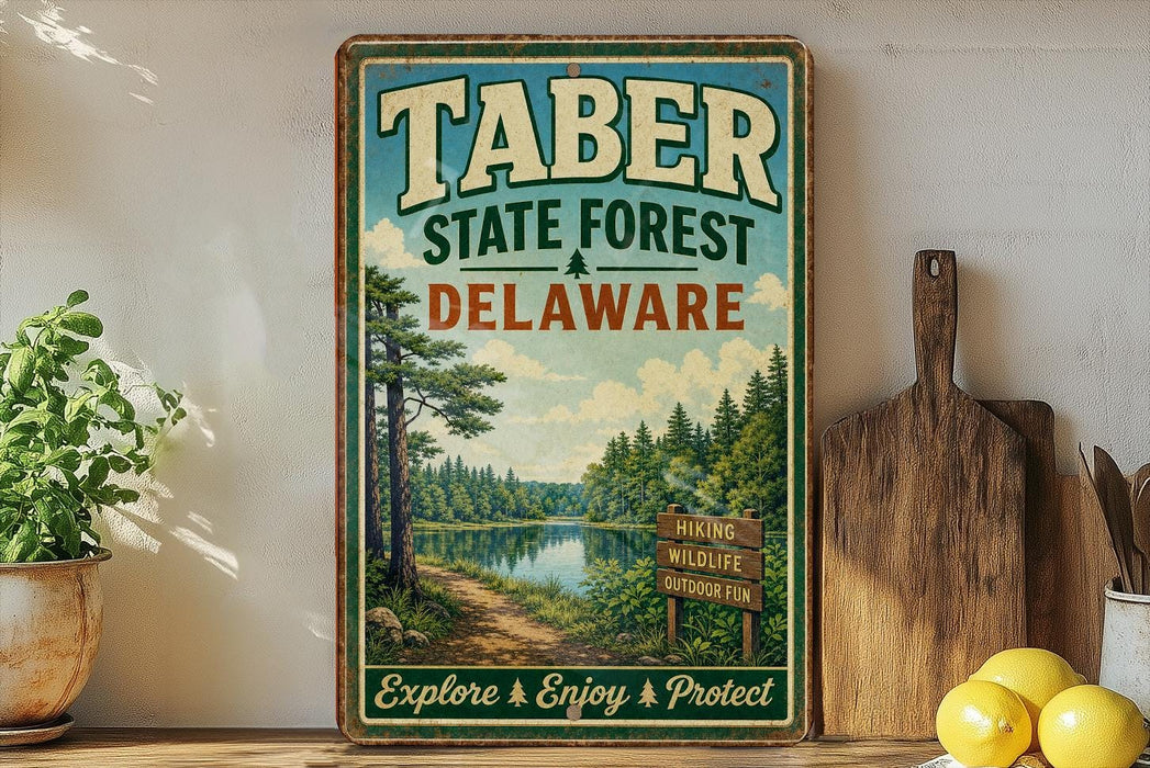 A vintage-style metal sign for Taber State Forest, Delaware, featuring a scenic landscape with a lake and pine trees.