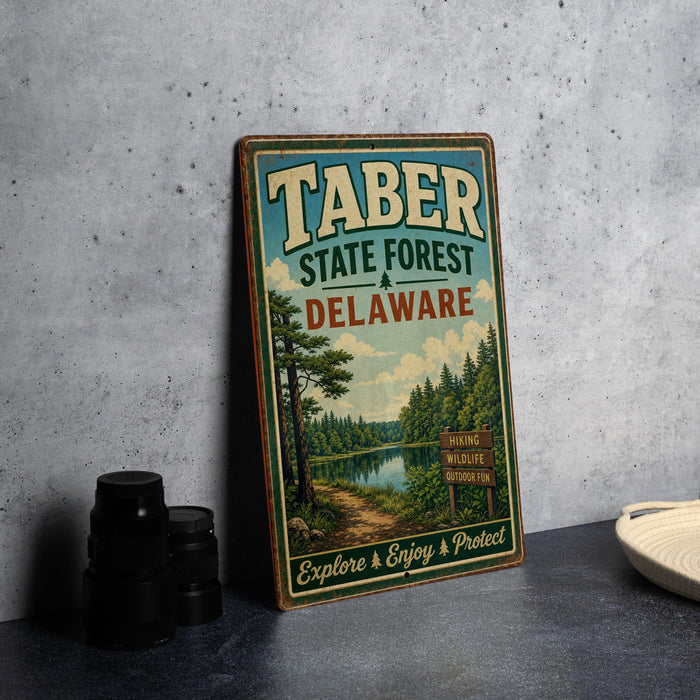 A vintage-style sign for Taber State Forest in Delaware, featuring a scenic image of a forest and a lake, along with the text "TABER STATE FOREST DELAWARE" and "HIKING WILDLIFE OUTDOOR FUN".