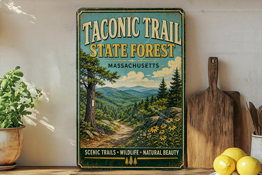 A vintage-style metal sign for the Taconic Trail State Forest in Massachusetts, featuring a scenic mountain landscape with a winding path and wildflowers.