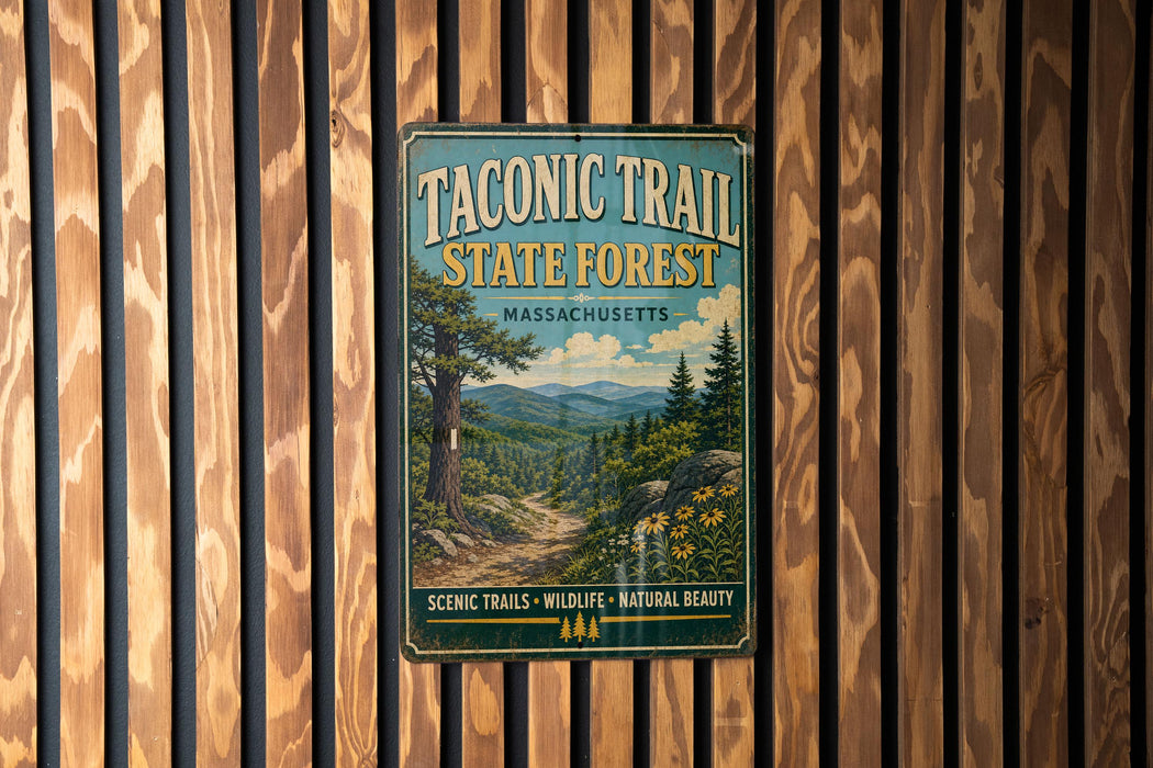 A vintage-style metal sign for the Taconic Trail State Forest in Massachusetts, featuring a scenic landscape with a path, trees, and mountains.
