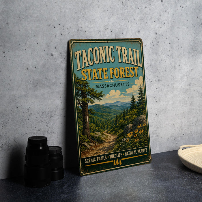 A vintage-style sign for the Taconic Trail State Forest in Massachusetts, featuring a scenic mountain landscape with pine trees and a winding trail.