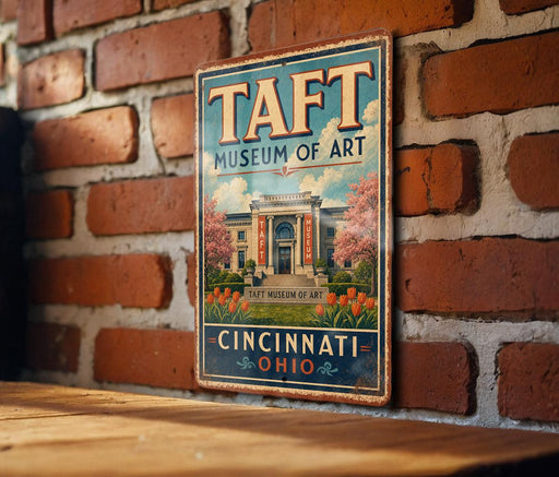 A vintage metal sign for the Taft Museum of Art in Cincinnati, Ohio, featuring an illustration of the museum building surrounded by flowers.