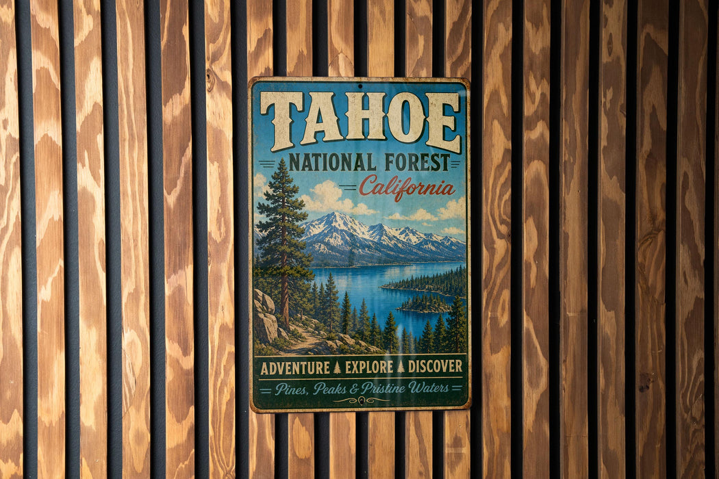 A vintage metal sign for Tahoe National Forest in California, featuring a scenic landscape with mountains, pine trees, and a lake.