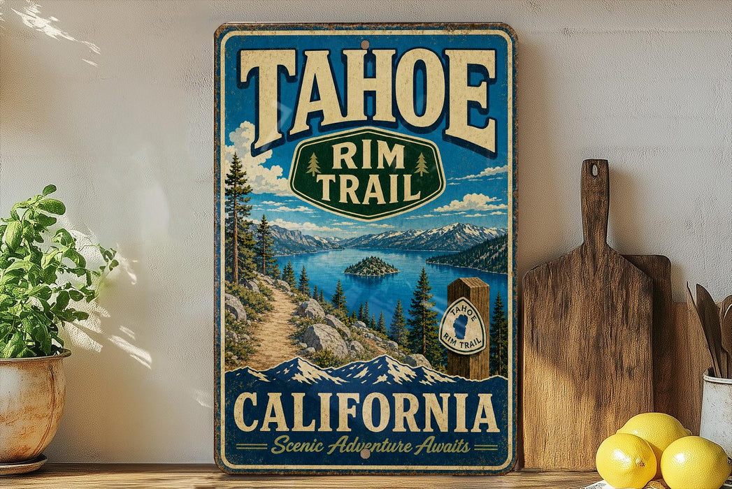 A vintage-style sign for the Tahoe Rim Trail in California, featuring a scenic mountain landscape with a lake and pine trees.