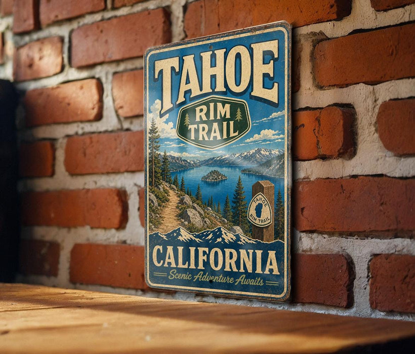 A vintage-style metal sign for the Tahoe Rim Trail in California, featuring a scenic mountain landscape and a trail marker.