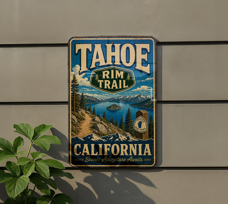 A vintage-style metal sign for the Tahoe Rim Trail in California, featuring a scenic mountain landscape with a lake and pine trees.