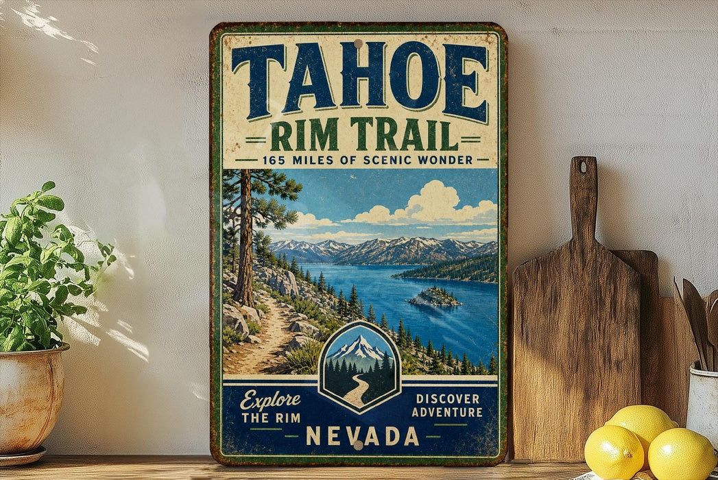 A vintage-style sign for the Tahoe Rim Trail in Nevada, featuring a scenic mountain landscape with a lake and pine trees.