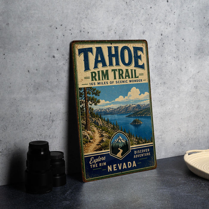 A vintage-style metal sign for the Tahoe Rim Trail in Nevada, featuring a scenic mountain landscape and a trail.