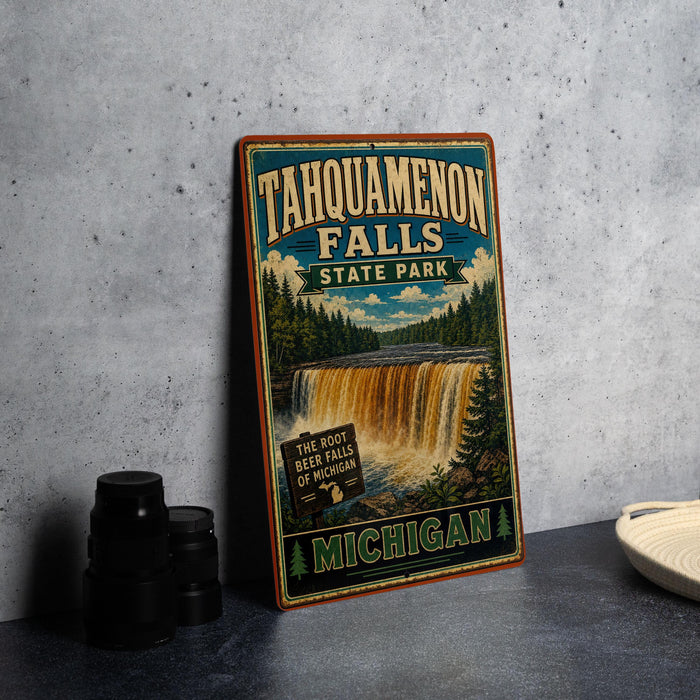 A vintage-style metal sign for Tahquamenon Falls State Park in Michigan, featuring a waterfall and forest scenery.