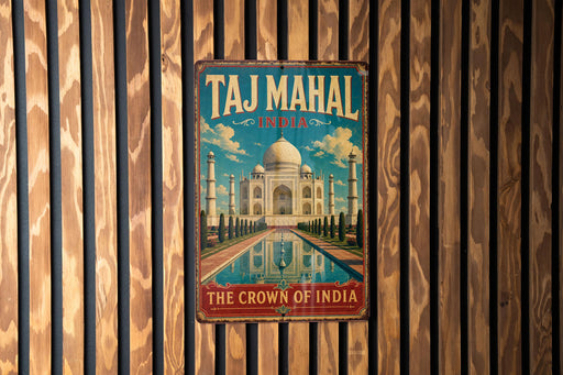 A vintage-style metal sign with the text "Taj Mahal India" and "The Crown of India" hangs on a wooden wall.