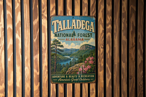 A vintage metal sign for Talladega National Forest in Alabama, featuring a scenic landscape with a river, mountains, and pine trees.