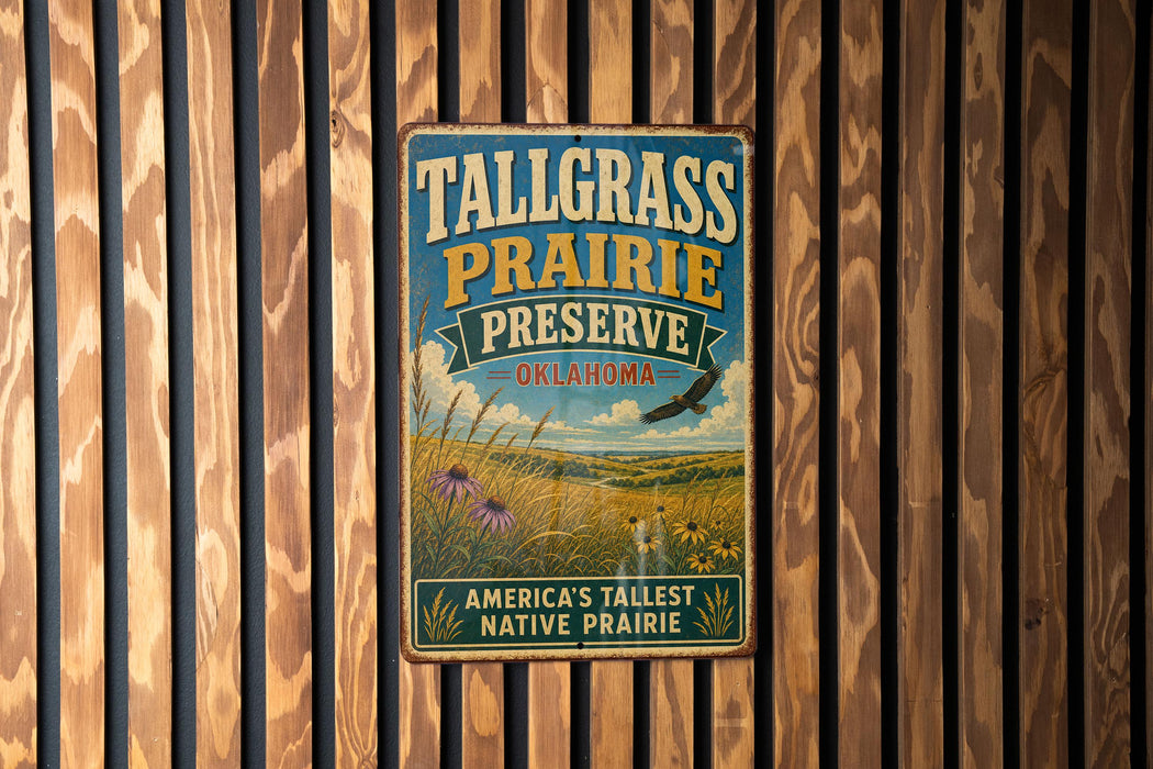 A vintage metal sign for Tallgrass Prairie Preserve in Oklahoma, featuring a scenic landscape with a bird in flight and a field of flowers.