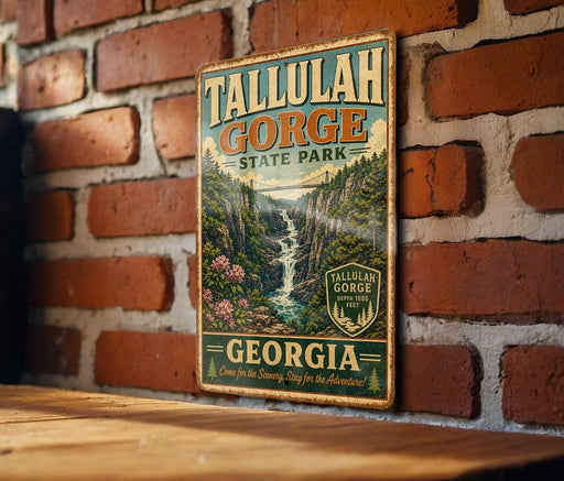 A vintage metal sign for Tallulah Gorge State Park in Georgia, featuring a scenic illustration of the waterfall and surrounding landscape.