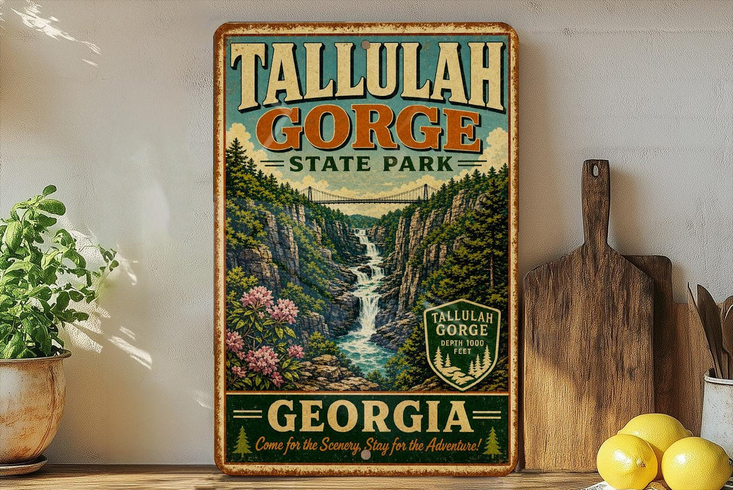 A vintage-style sign for Tallulah Gorge State Park in Georgia, featuring a scenic illustration of the waterfall and surrounding landscape.