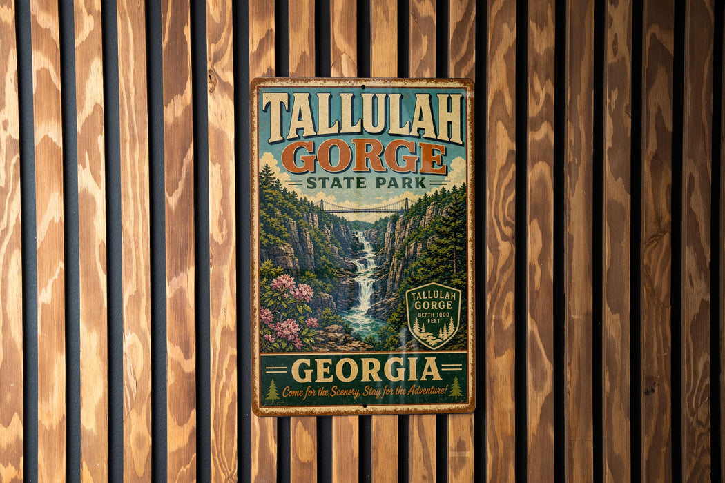 A vintage metal sign for Tallulah Gorge State Park in Georgia, featuring a scenic image of the waterfall and surrounding landscape.