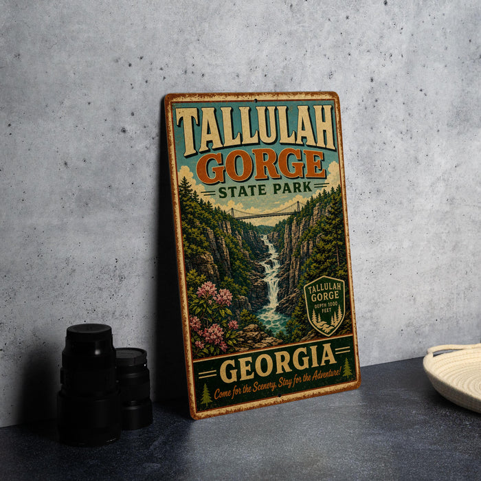 A vintage metal sign for Tallulah Gorge State Park in Georgia, featuring a scenic illustration of the park's waterfall and surrounding landscape.