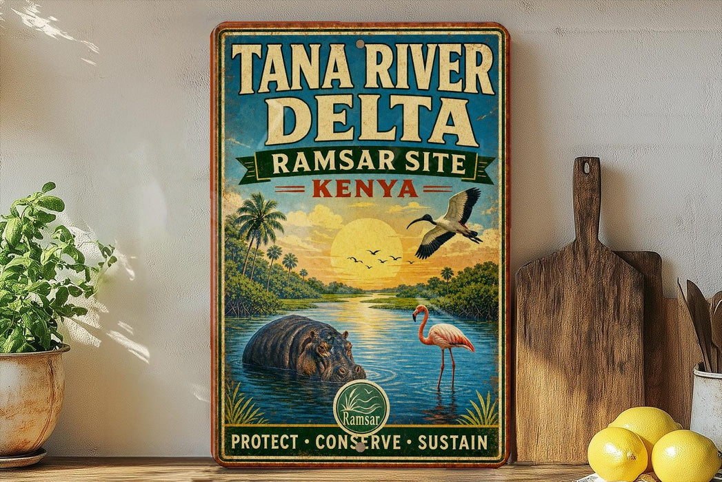 A vintage-style sign for the Tana River Delta in Kenya, featuring a hippopotamus, flamingo, and a sunset landscape.