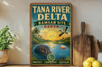 A vintage-style sign for the Tana River Delta in Kenya, featuring a hippopotamus, flamingo, and a sunset landscape.