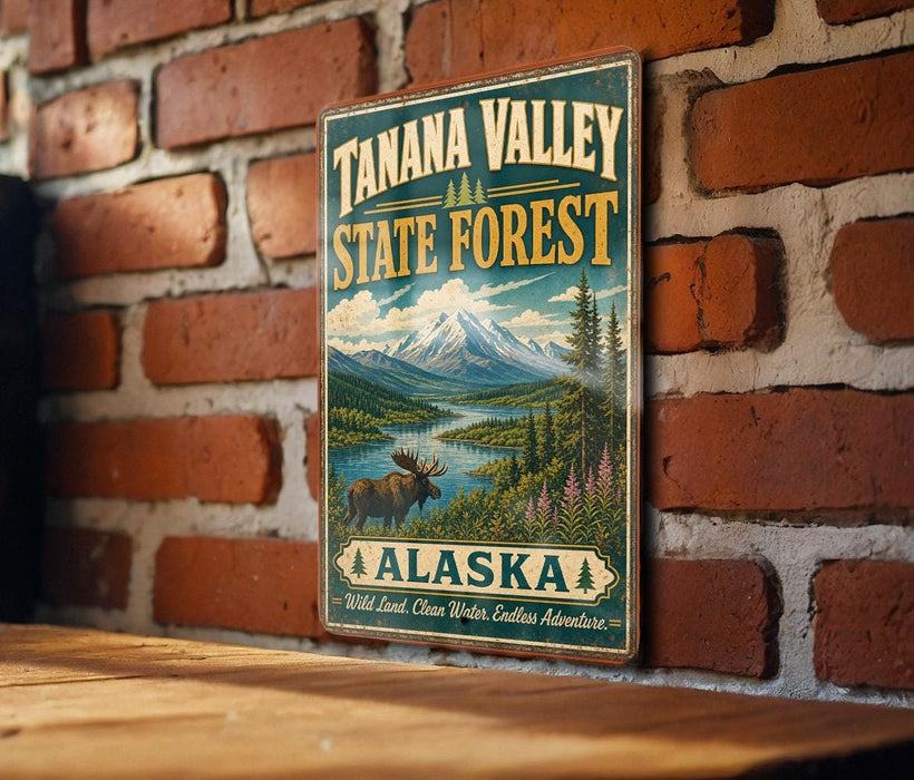 A vintage metal sign for Tanana Valley State Forest in Alaska, featuring a moose and a mountain landscape.