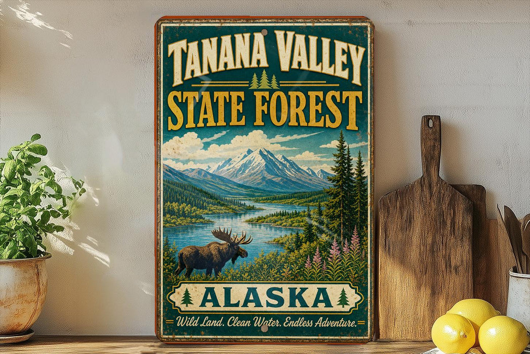 A vintage-style sign for Tanana Valley State Forest in Alaska, featuring a moose and a mountain landscape.