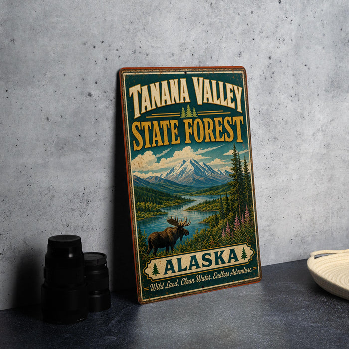 A vintage-style sign for Tanana Valley State Forest in Alaska, featuring a moose and a mountain landscape.