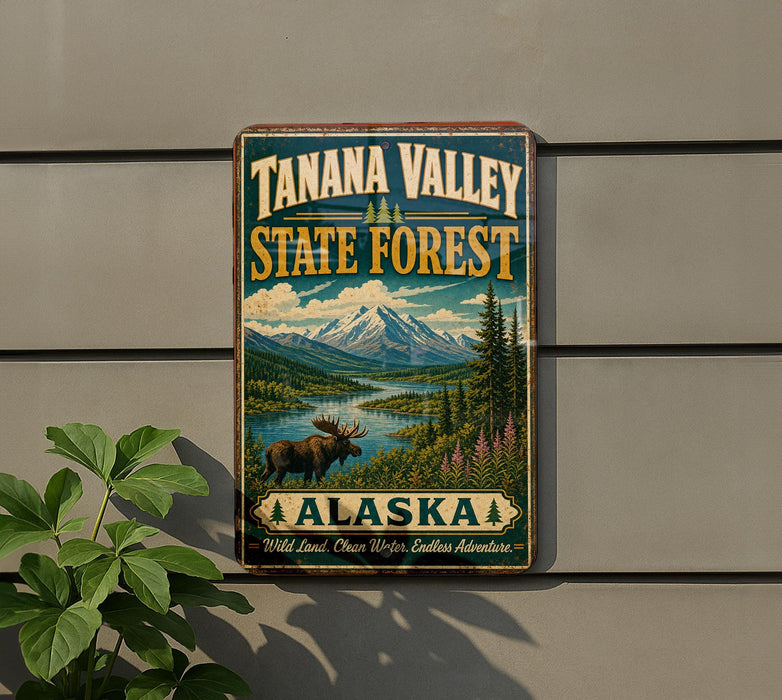 A vintage-style metal sign for Tanana Valley State Forest in Alaska, featuring a moose and a mountain landscape.