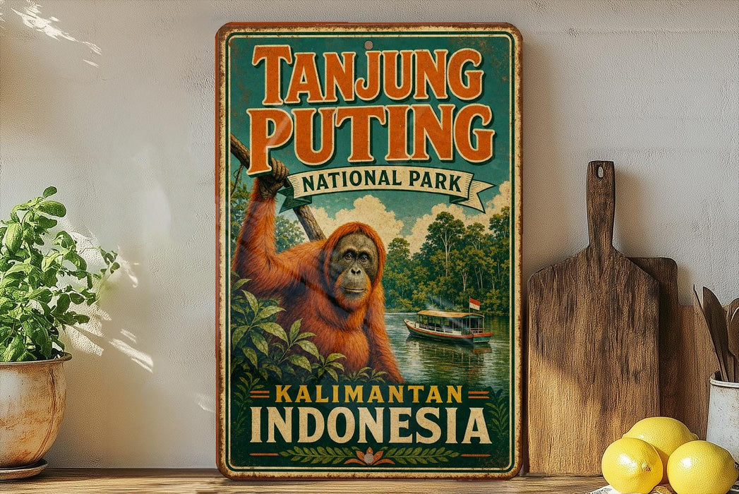 A vintage-style sign for Tanjung Puting National Park in Kalimantan, Indonesia, featuring an illustration of an orangutan in a lush, green forest setting.