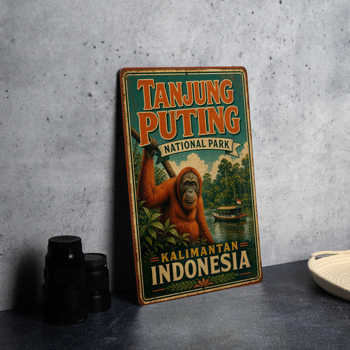 A vintage-style metal sign advertising Tanjung Puting National Park in Kalimantan, Indonesia, featuring an illustration of an orangutan in a lush, green forest setting.