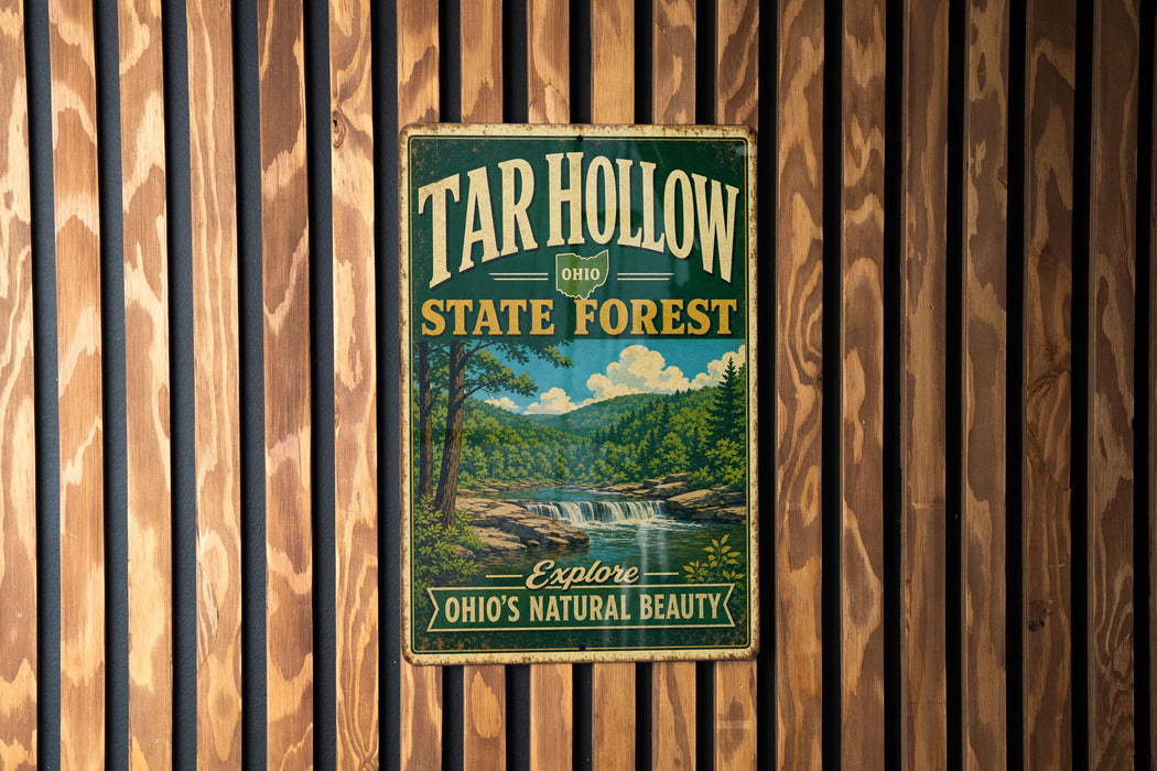 A vintage-style sign for the Tar Hollow State Forest, featuring a scenic landscape with a waterfall and forest.